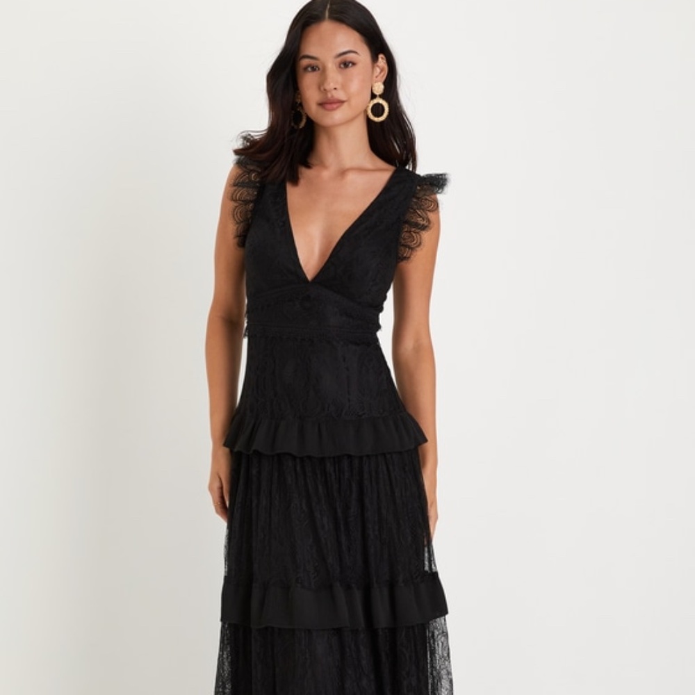 Lulus Marvelous Darling Black Lace Ruffled Tiered Maxi Dress - Size M
